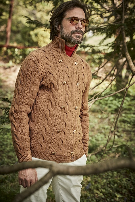 Paolo wears the cable double-breasted knit jacket