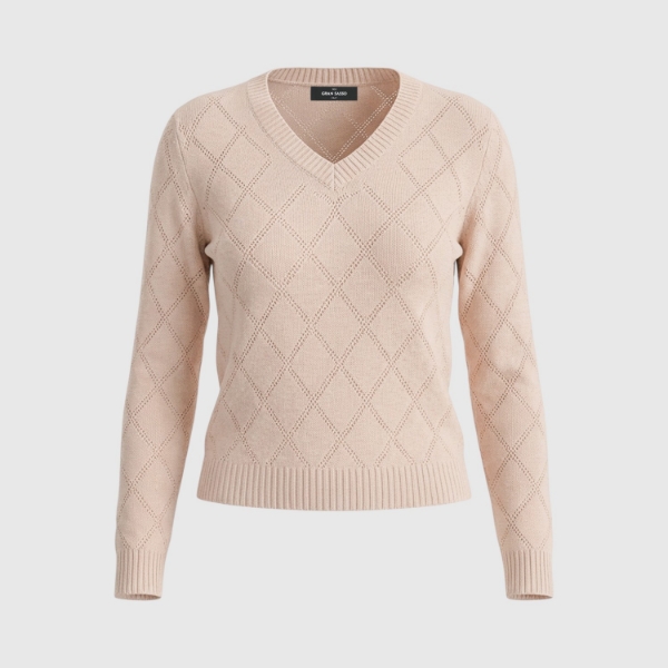 Picture of Diamond-pattern openwork stitch cashmere v-neck