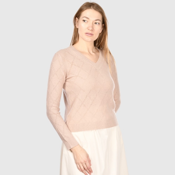 Picture of Diamond-pattern openwork stitch cashmere v-neck