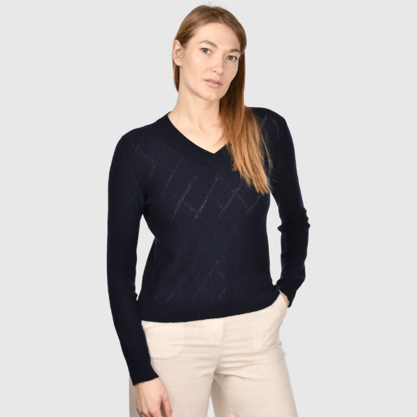 Picture of Diamond-pattern openwork stitch cashmere v-neck
