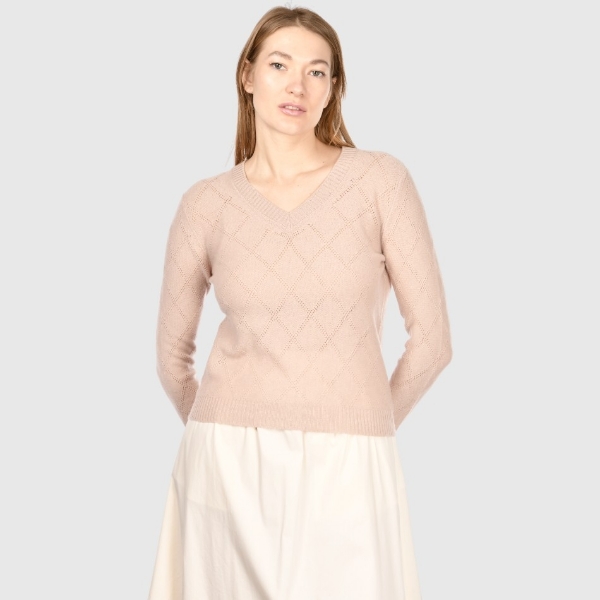 Picture of Diamond-pattern openwork stitch cashmere v-neck