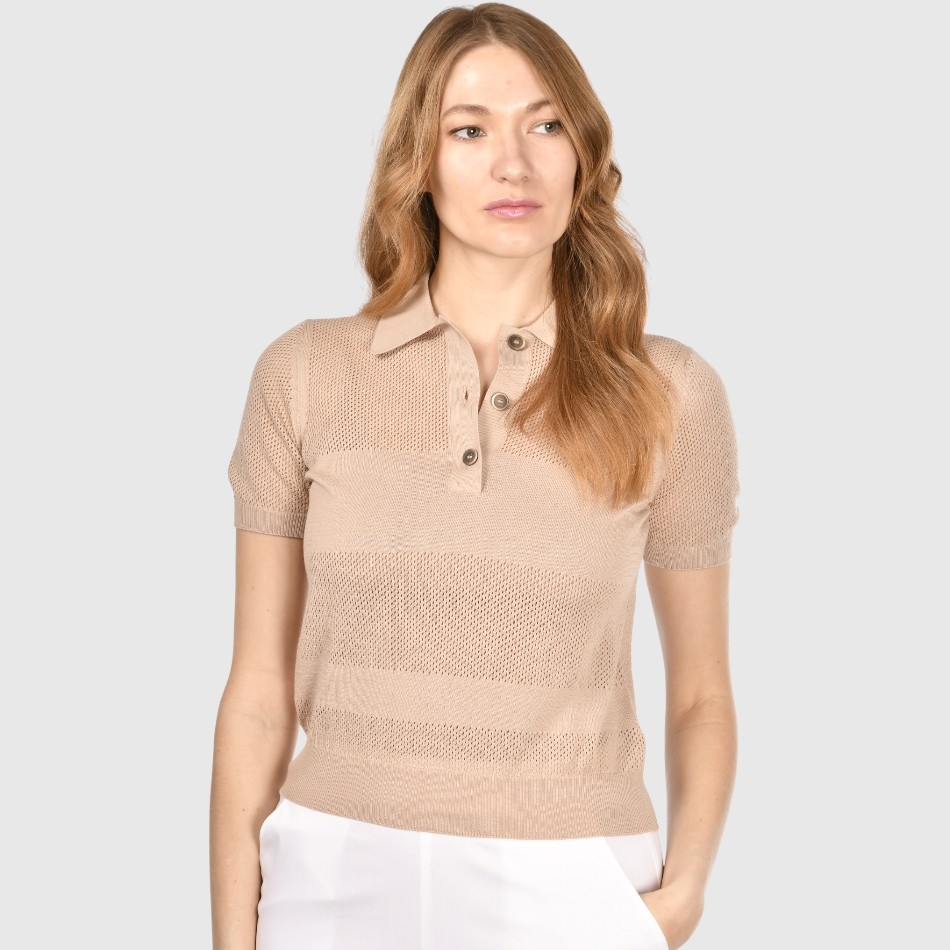 Gran Sasso. Knitted Polo with Openwork Design in Pure Cotton