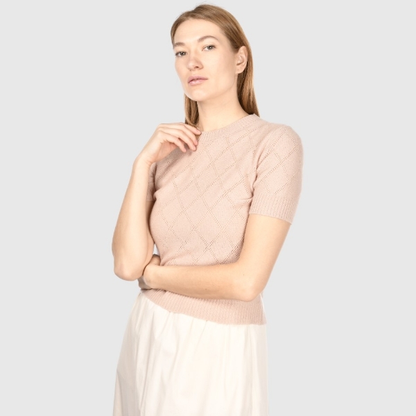 Picture of Diamond-pattern openwork stitch cashmere knitted t-shirt
